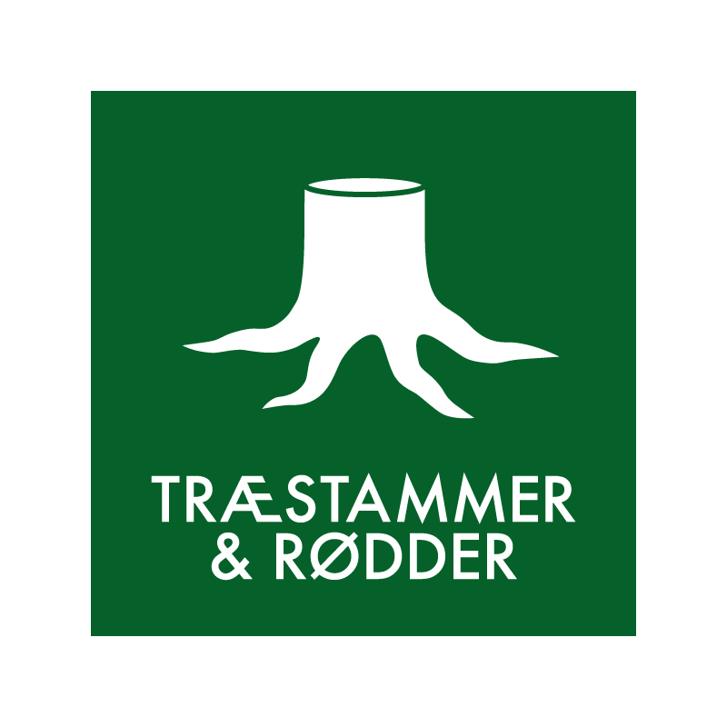 affaldskilt - genbrugsordning - træstammer og rødder - dansk